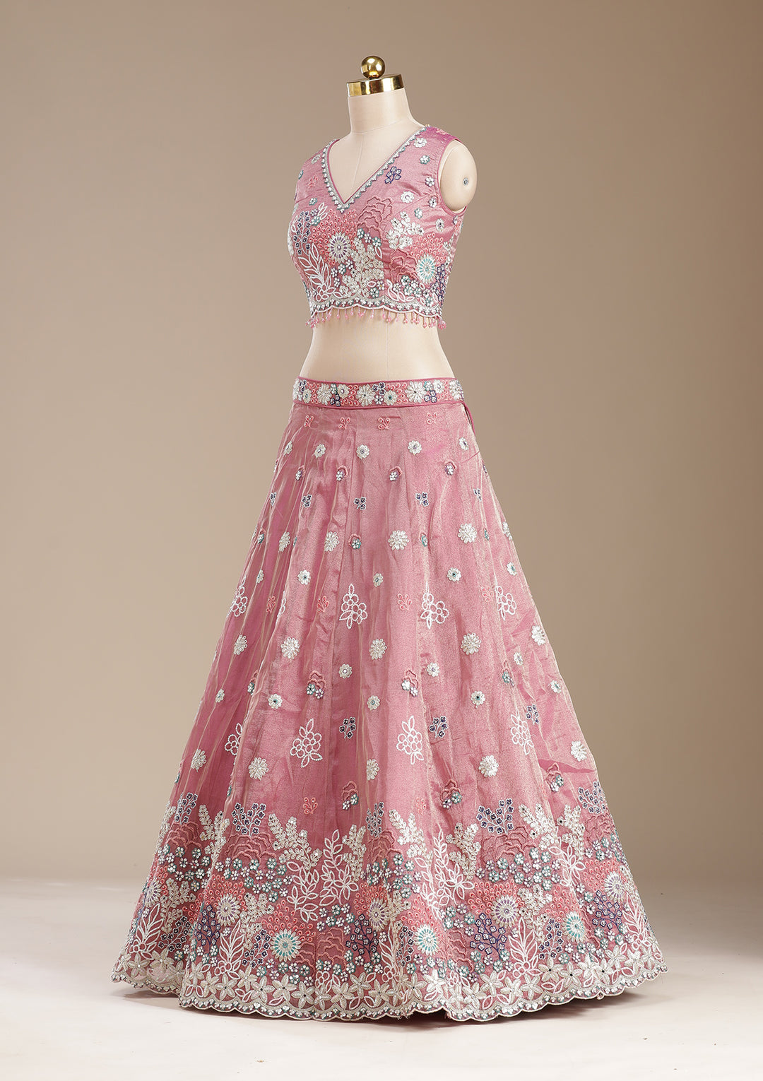 Pink Threadwork Organza Semi-Stitched Lehenga