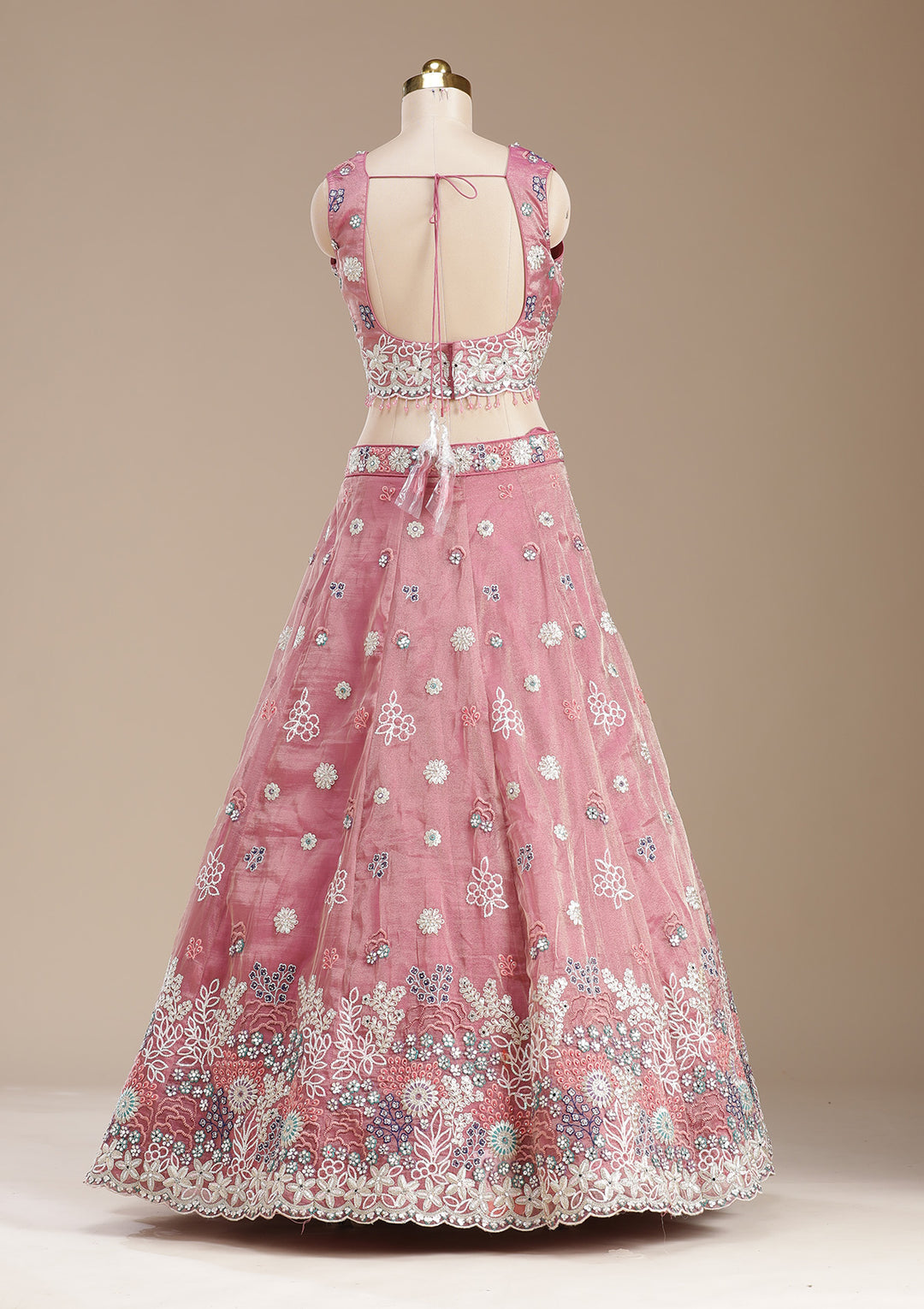 Pink Threadwork Organza Semi-Stitched Lehenga
