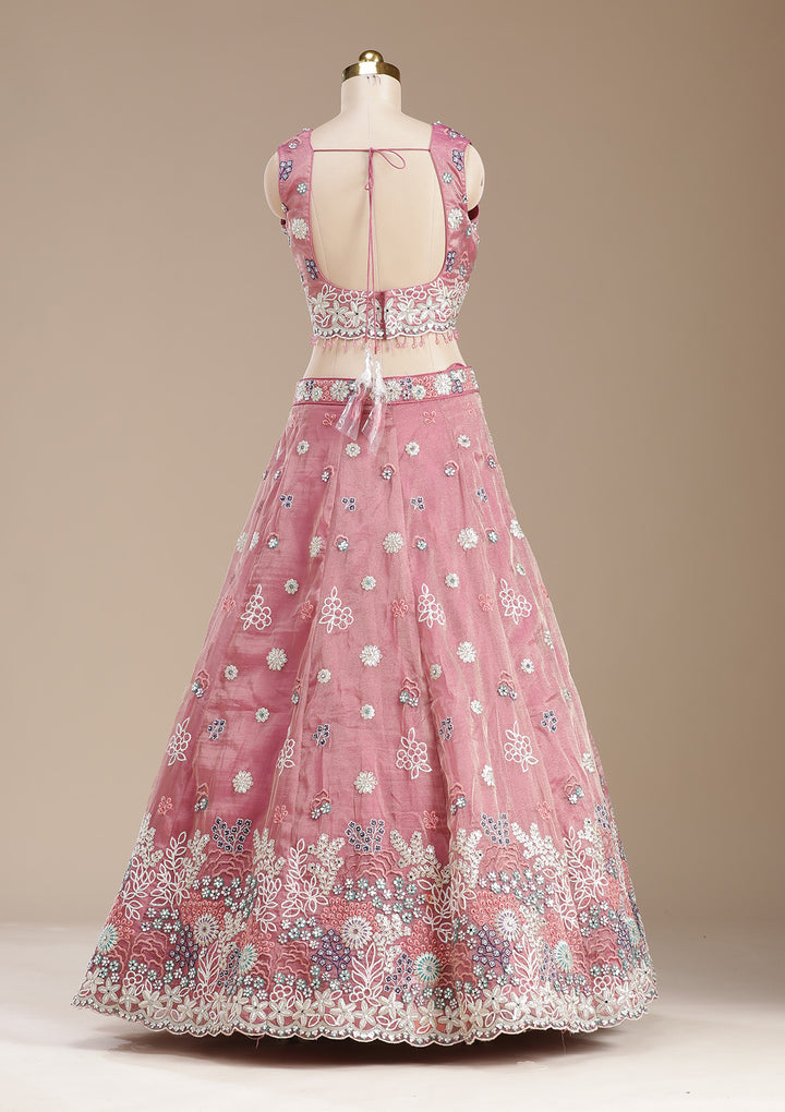 Pink Threadwork Organza Semi-Stitched Lehenga
