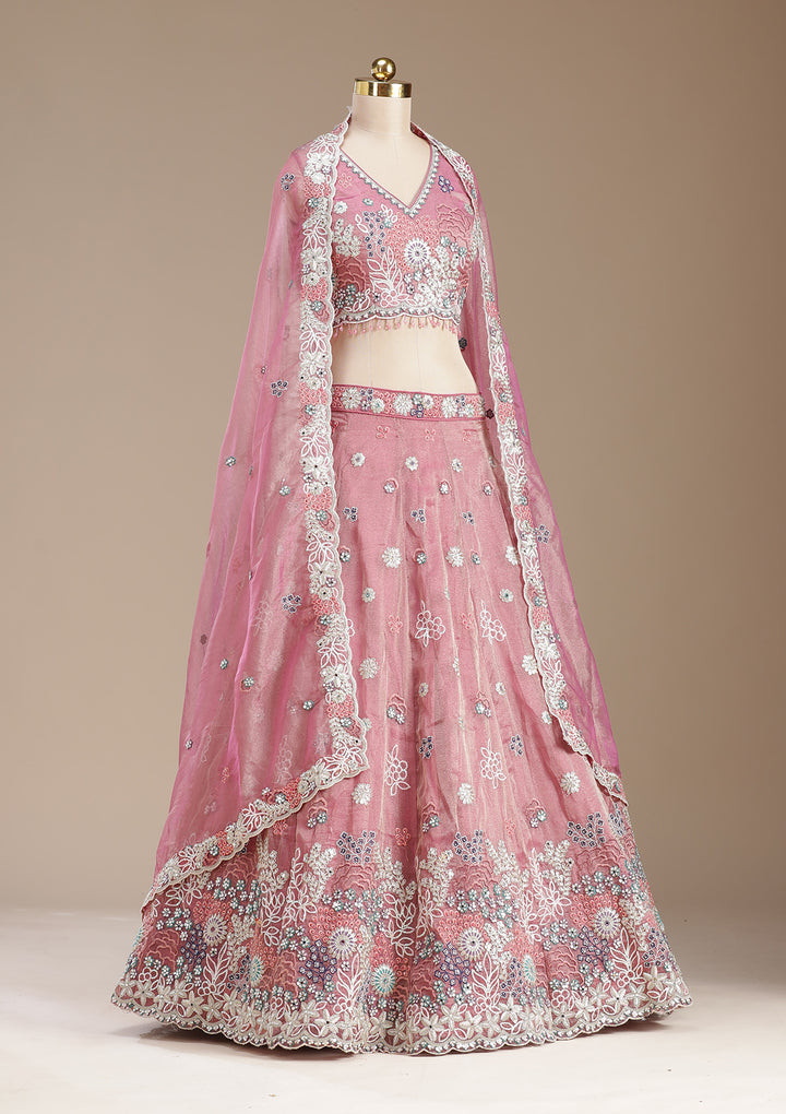 Pink Threadwork Organza Semi-Stitched Lehenga