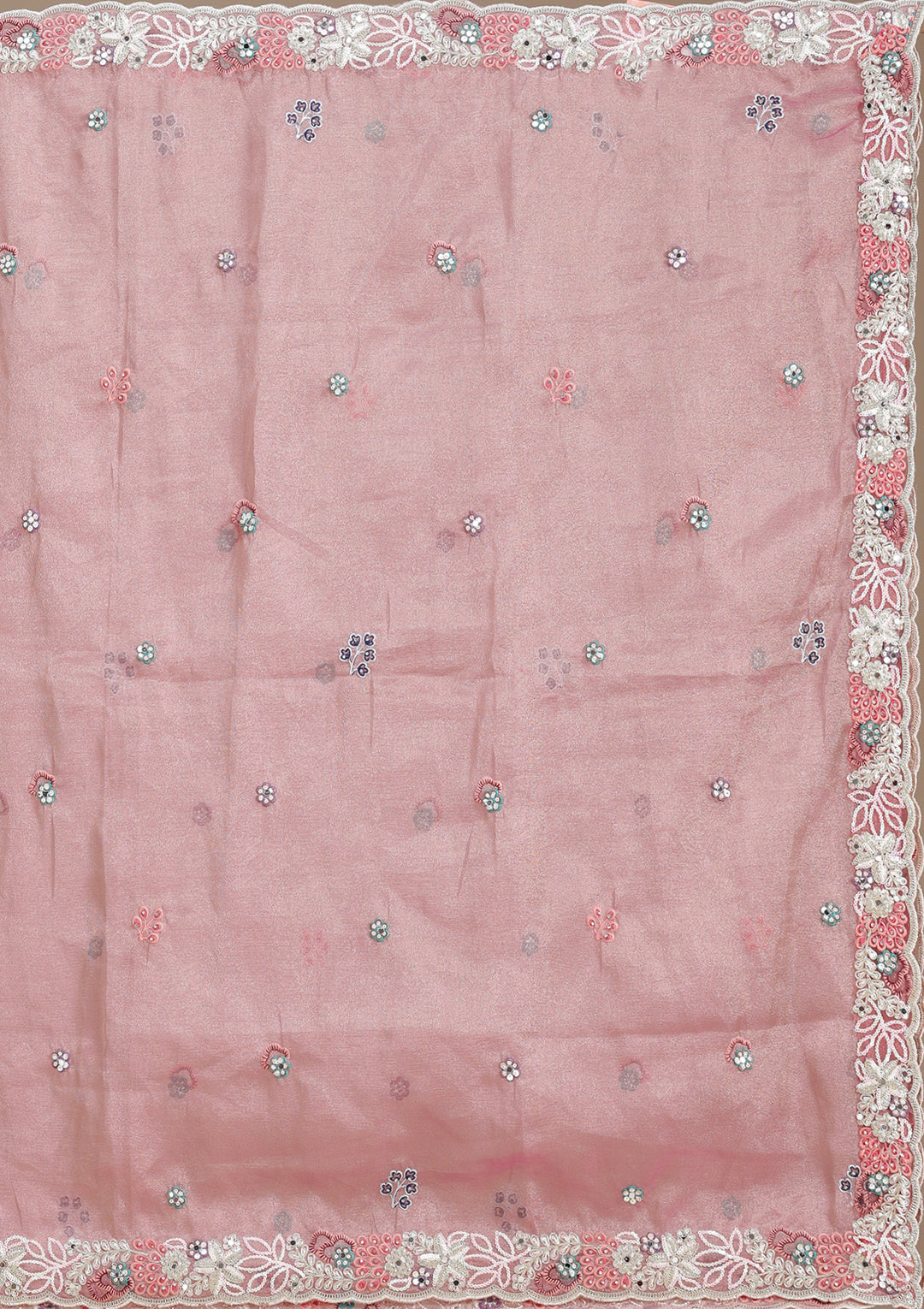 Pink Threadwork Organza Semi-Stitched Lehenga