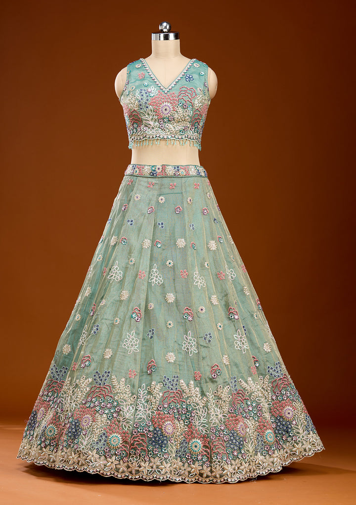 Pista Green Threadwork Organza Readymade Lehenga