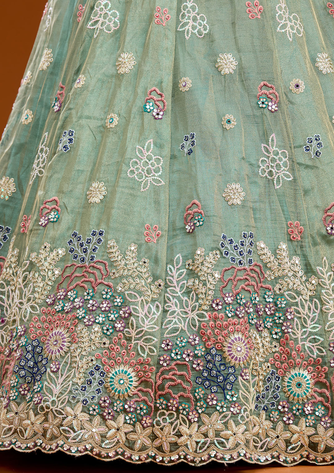 Pista Green Threadwork Organza Readymade Lehenga