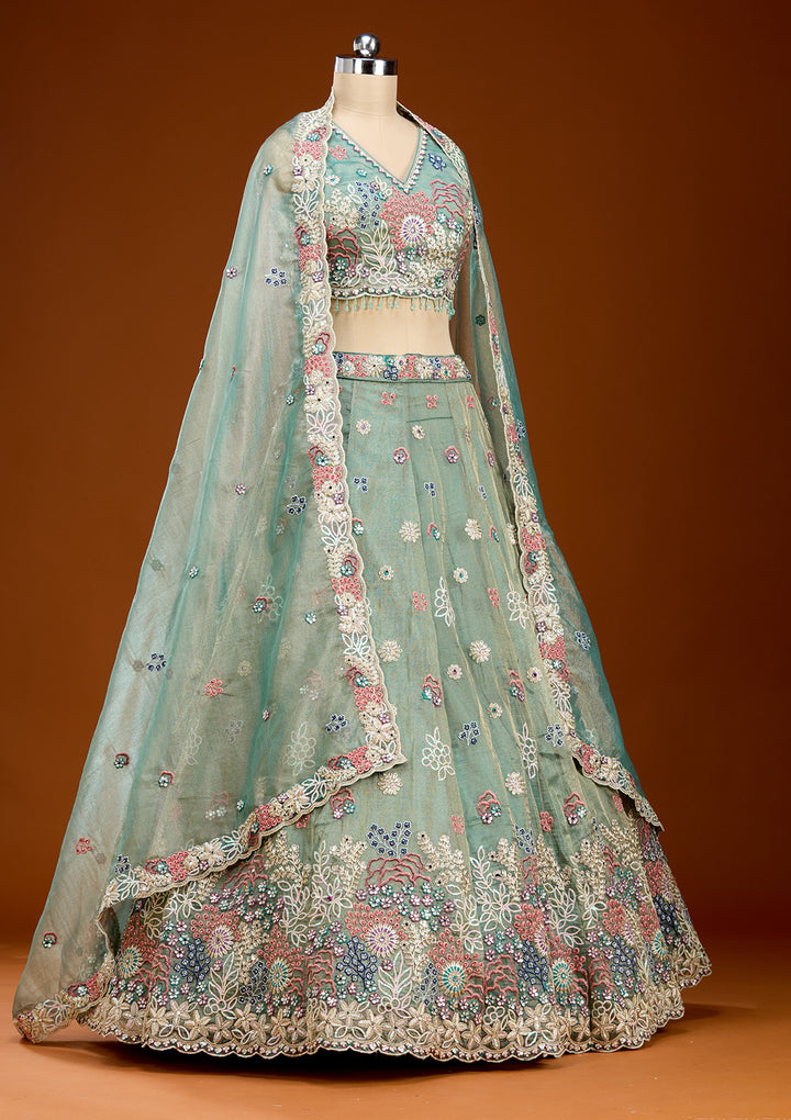 Pista Green Threadwork Organza Readymade Lehenga