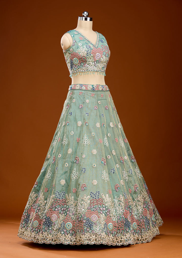 Pista Green Threadwork Organza Readymade Lehenga