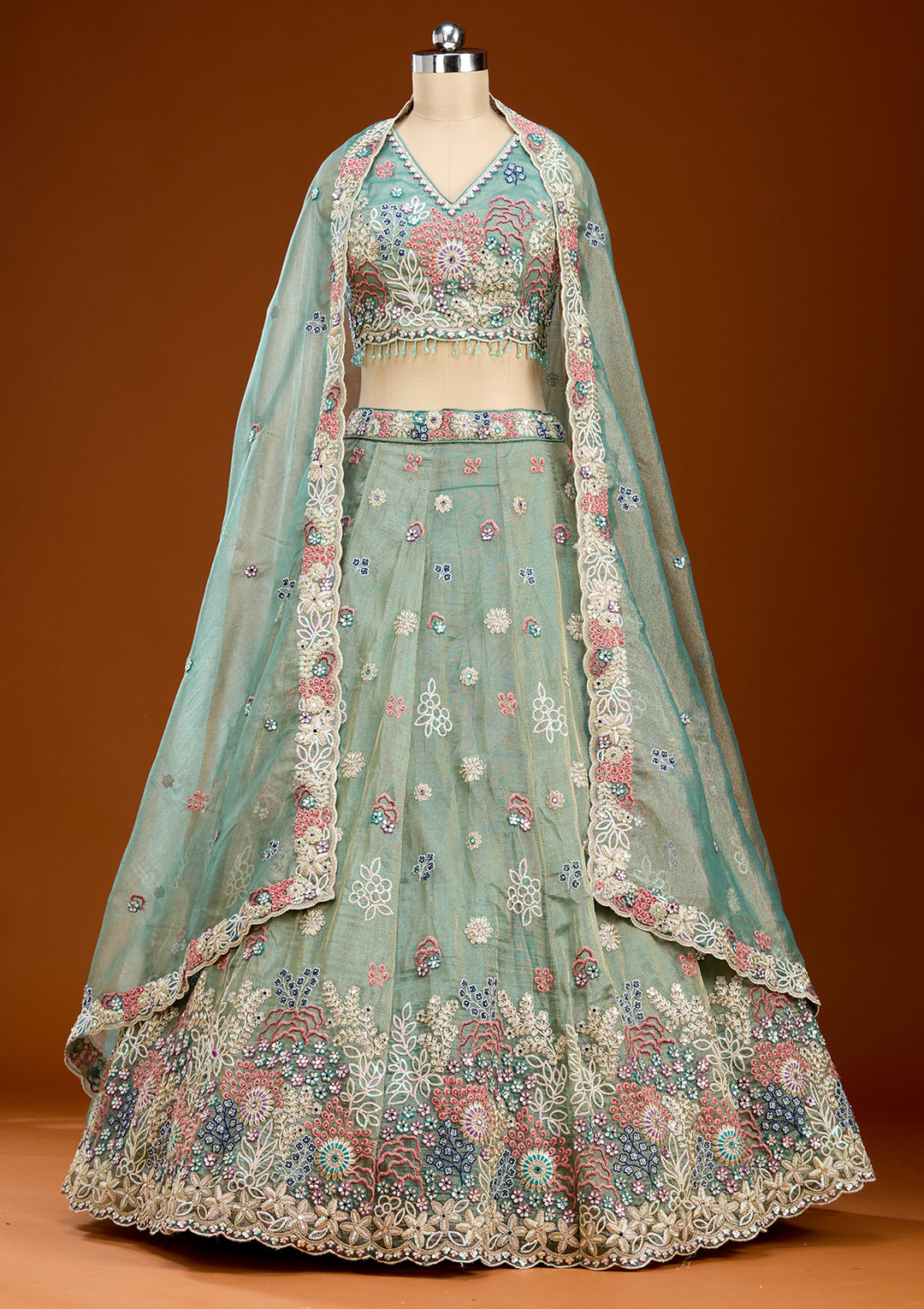 Pista Green Threadwork Organza Readymade Lehenga