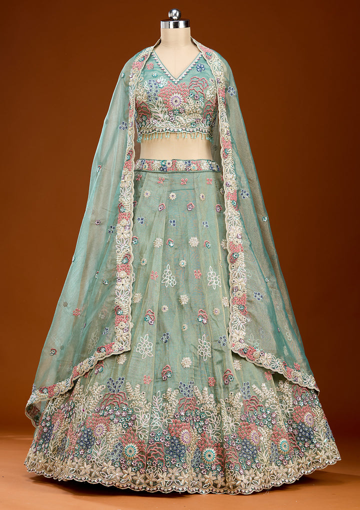Pista Green Threadwork Organza Readymade Lehenga
