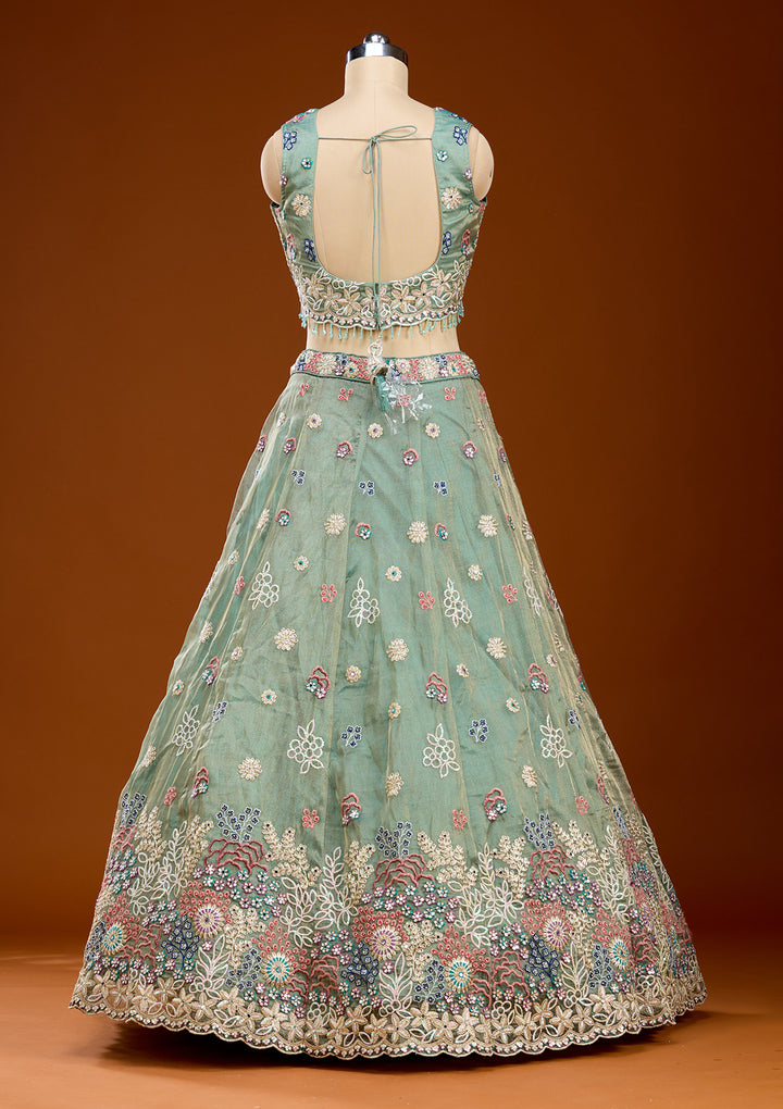 Pista Green Threadwork Organza Readymade Lehenga