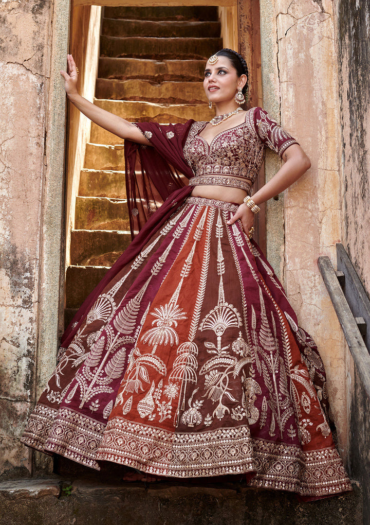 Maroon Cording Raw Silk Readymade Lehenga