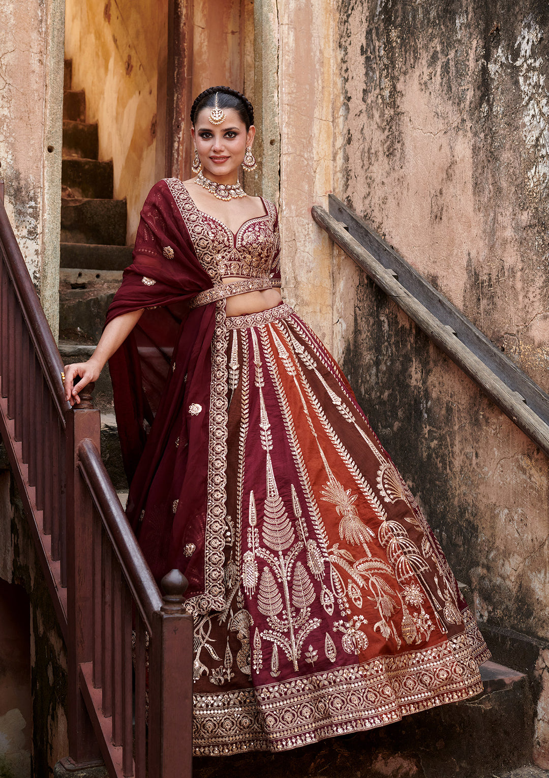 Maroon Cording Raw Silk Readymade Lehenga