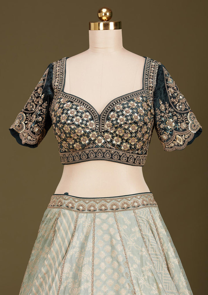 Teal Green Cording Brocade Readymade Lehenga