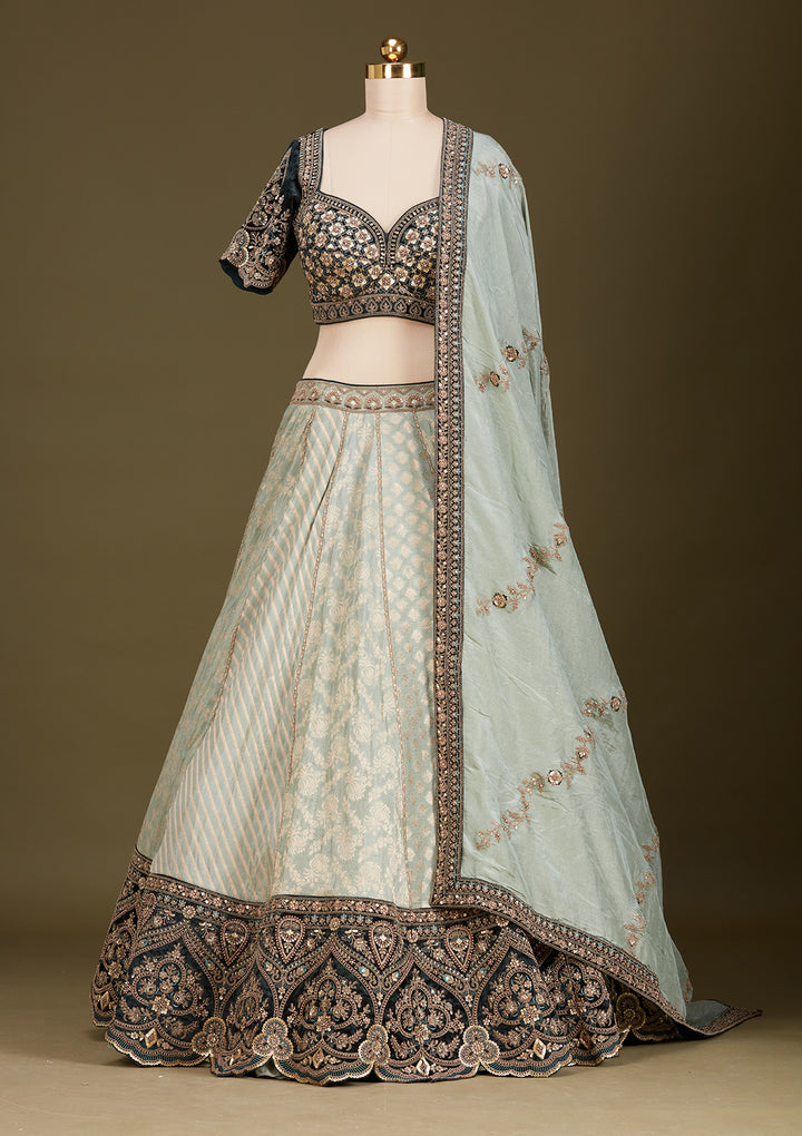 Teal Green Cording Brocade Readymade Lehenga