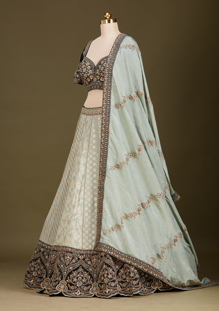 Teal Green Cording Brocade Readymade Lehenga