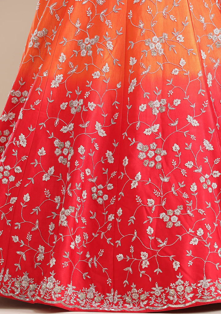 Red Aariwork Semi Crepe Semi-Stitched Lehenga