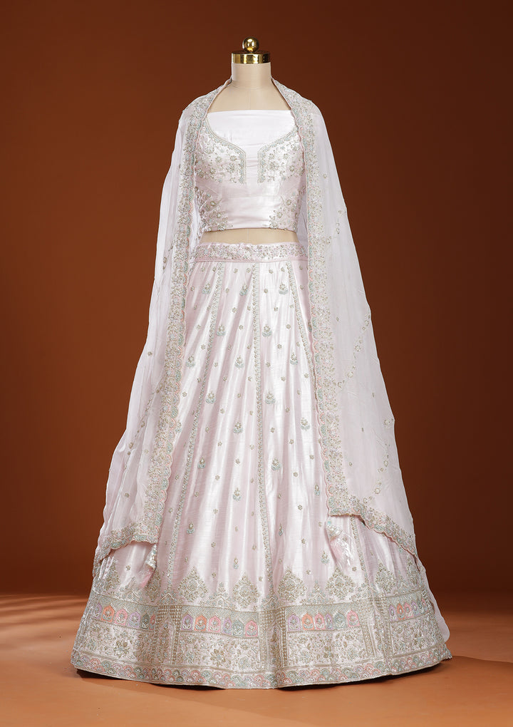 Pink Cording Soft Raw Silk Semi-Stitched Lehenga