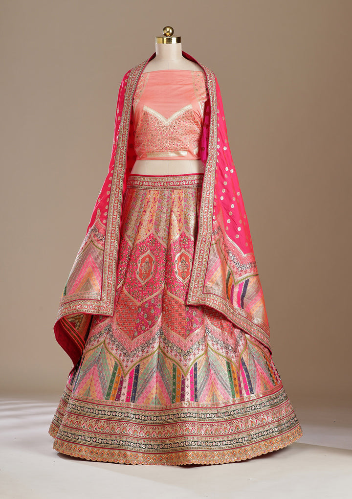 Peach Stonework Banarasi Semi-Stitched Lehenga