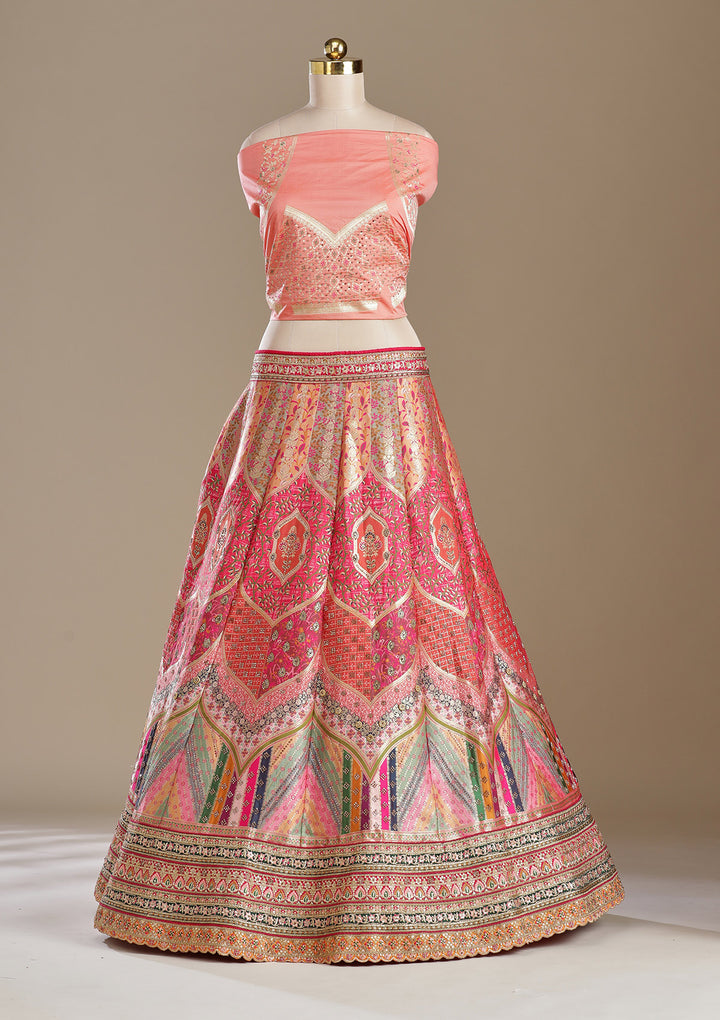 Peach Stonework Banarasi Semi-Stitched Lehenga