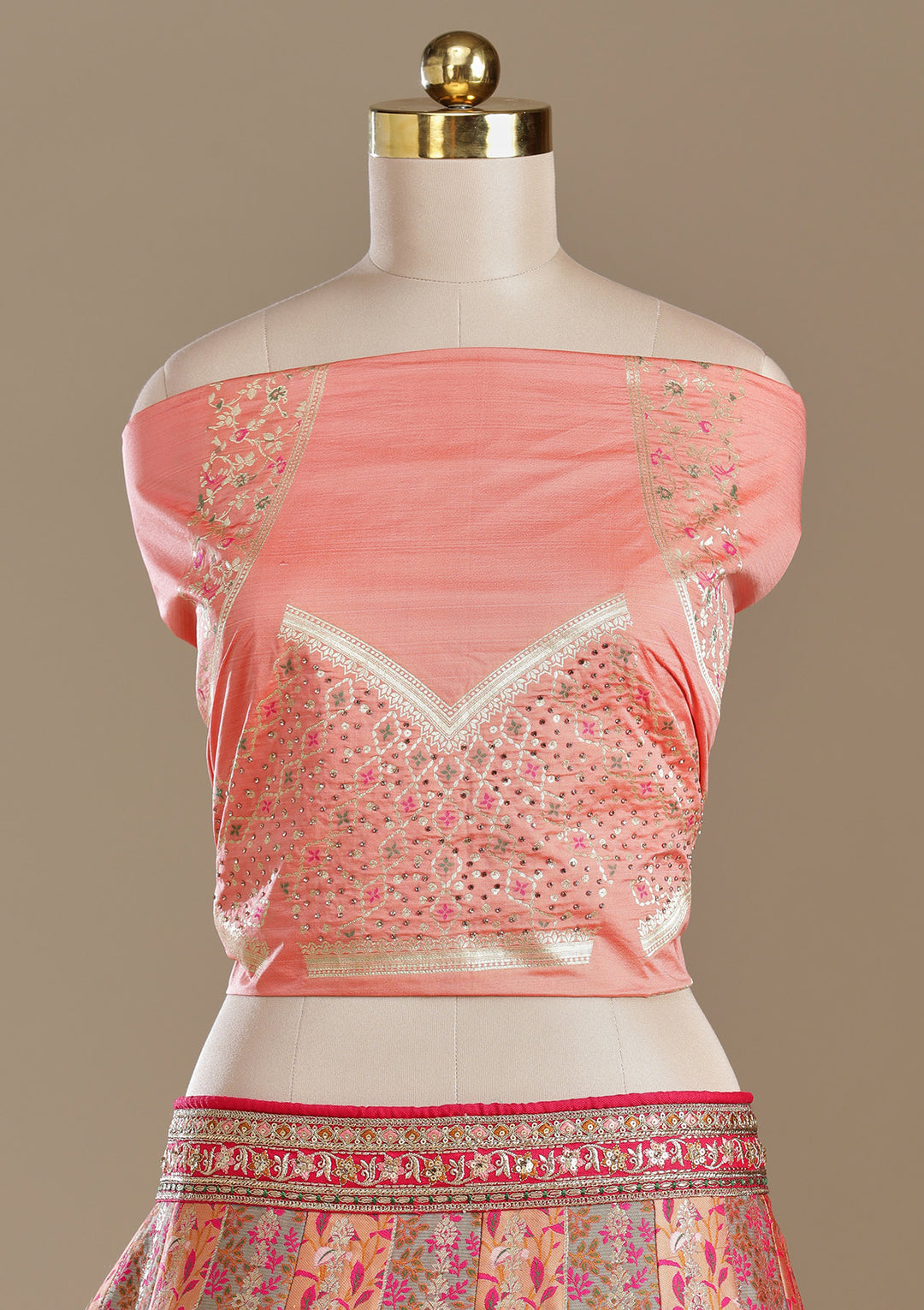 Peach Stonework Banarasi Semi-Stitched Lehenga