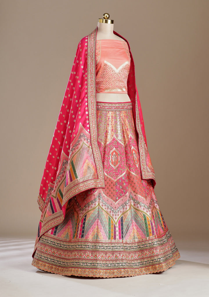 Peach Stonework Banarasi Semi-Stitched Lehenga