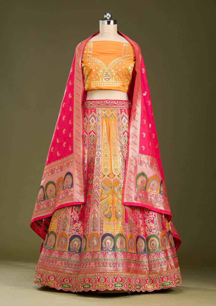 Mustard Stonework Banarasi Readymade Lehenga