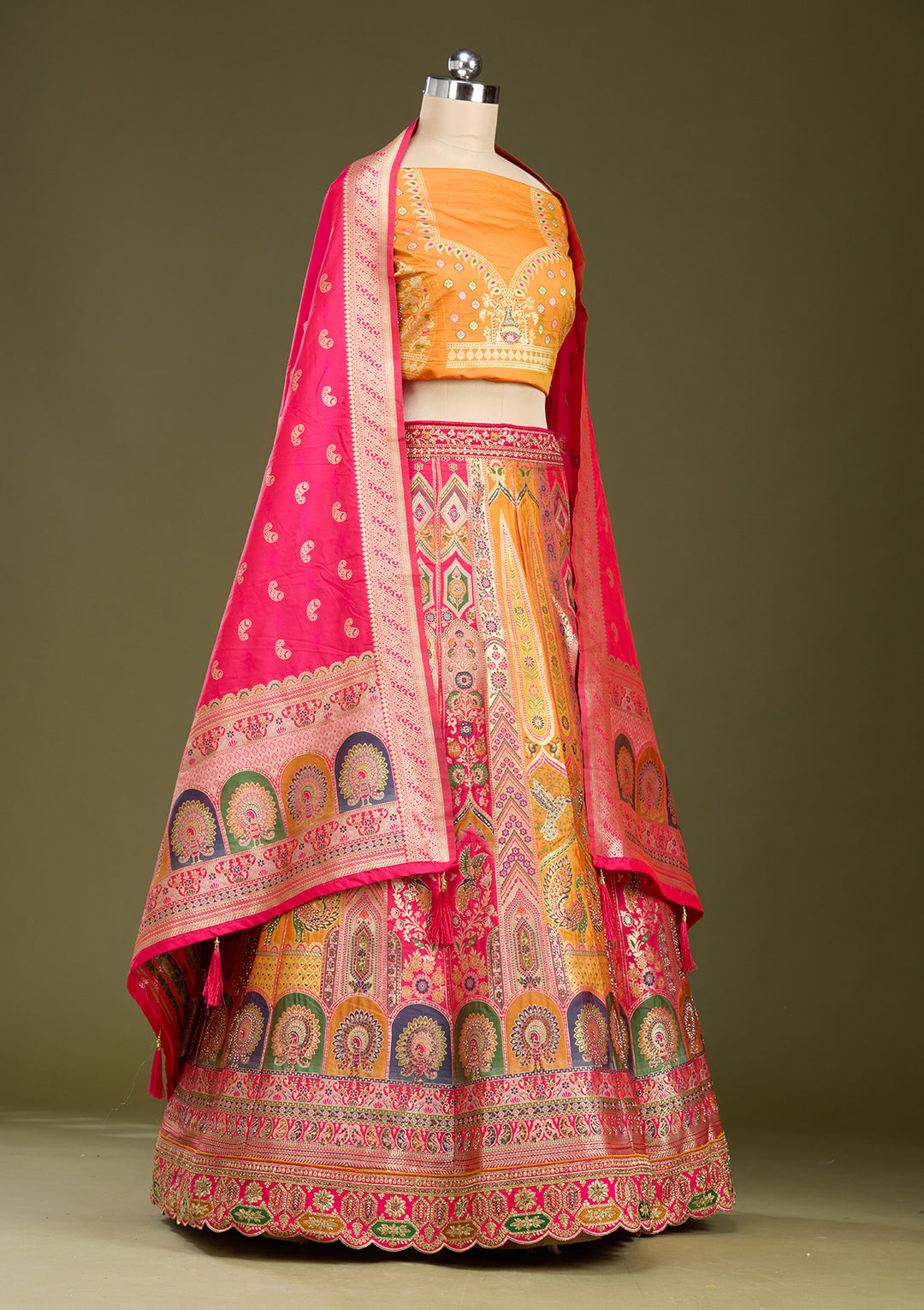 Mustard Stonework Banarasi Readymade Lehenga