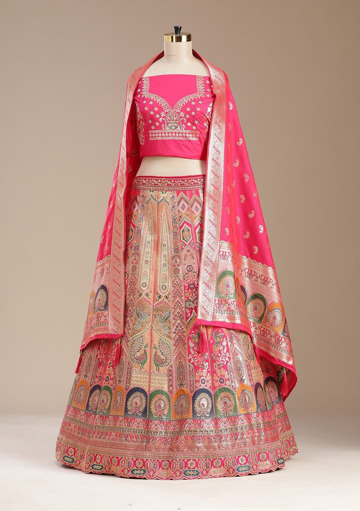 Rani Pink Stonework Banarasi Semi-Stitched Lehenga