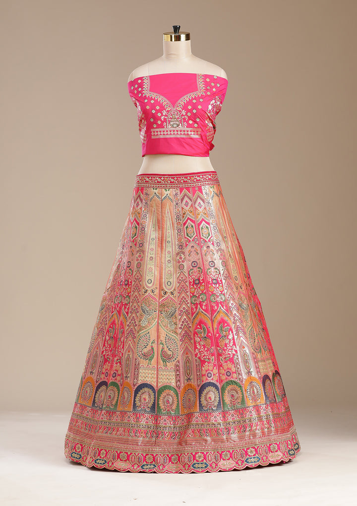 Rani Pink Stonework Banarasi Semi-Stitched Lehenga