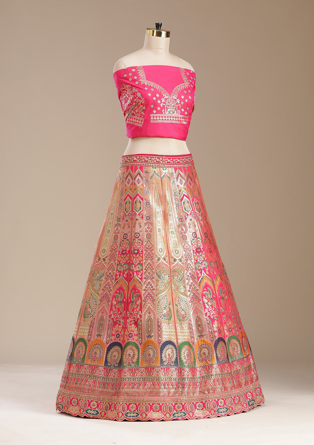 Rani Pink Stonework Banarasi Semi-Stitched Lehenga