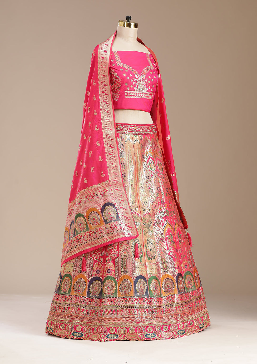 Rani Pink Stonework Banarasi Semi-Stitched Lehenga