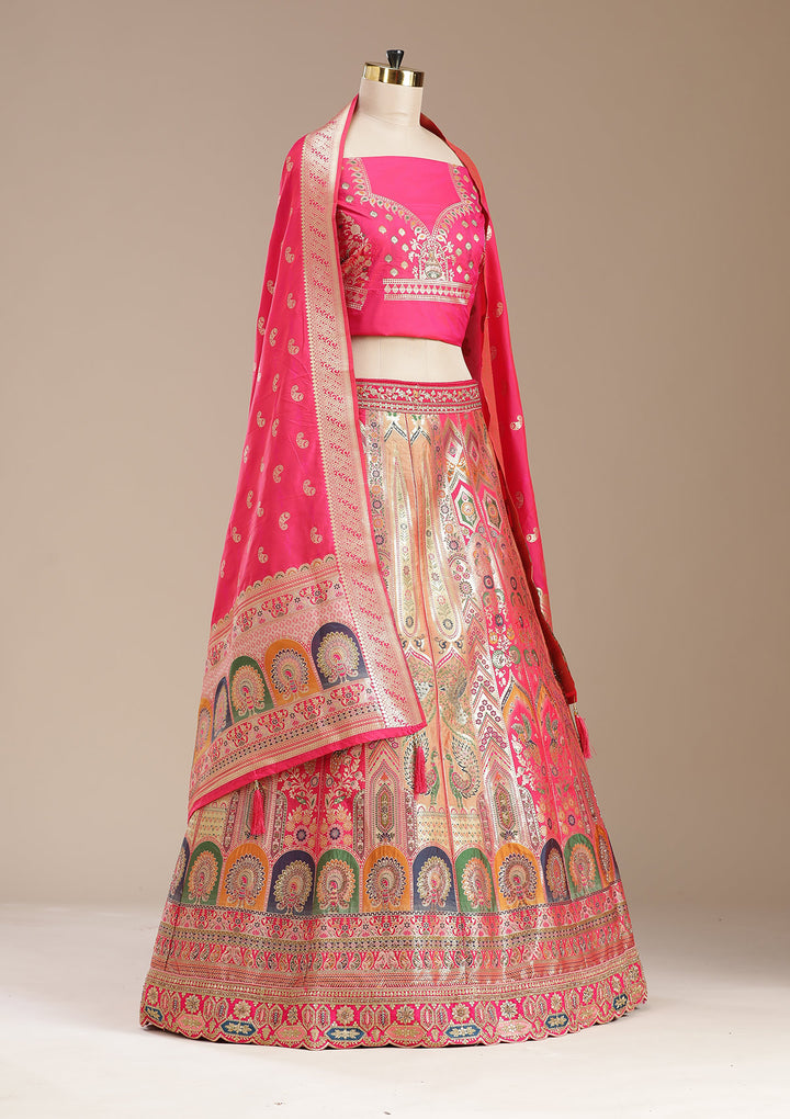 Rani Pink Stonework Banarasi Semi-Stitched Lehenga
