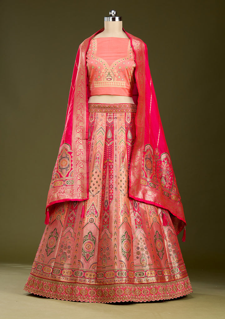 Peach Stonework Banarasi Readymade Lehenga
