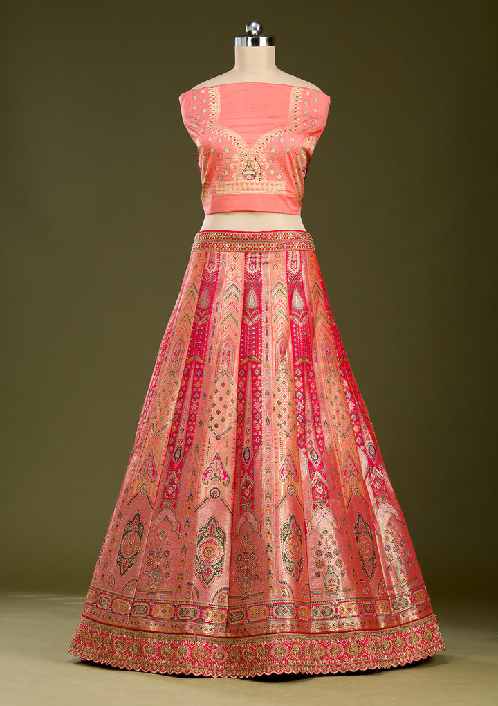 Peach Stonework Banarasi Readymade Lehenga