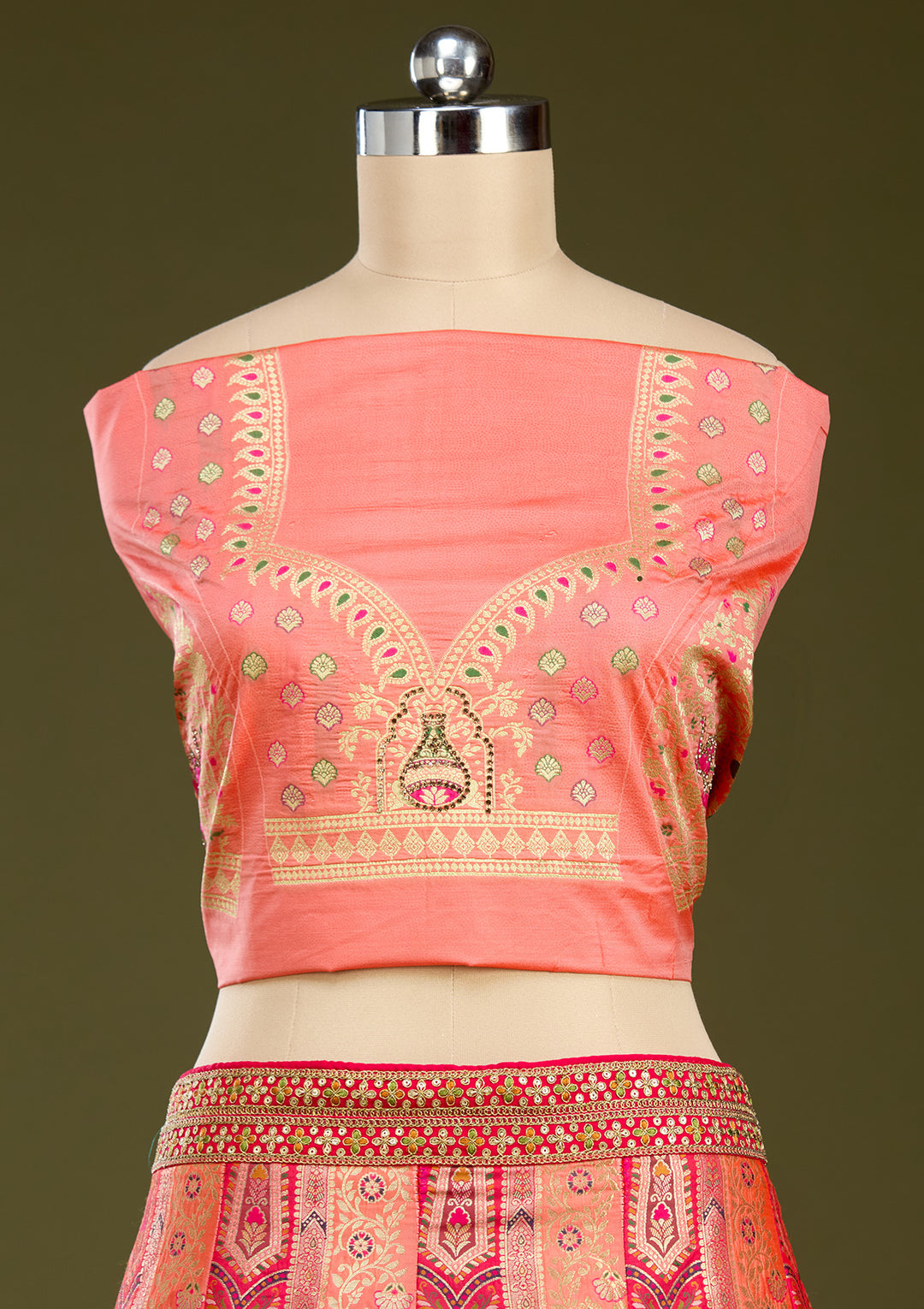 Peach Stonework Banarasi Readymade Lehenga