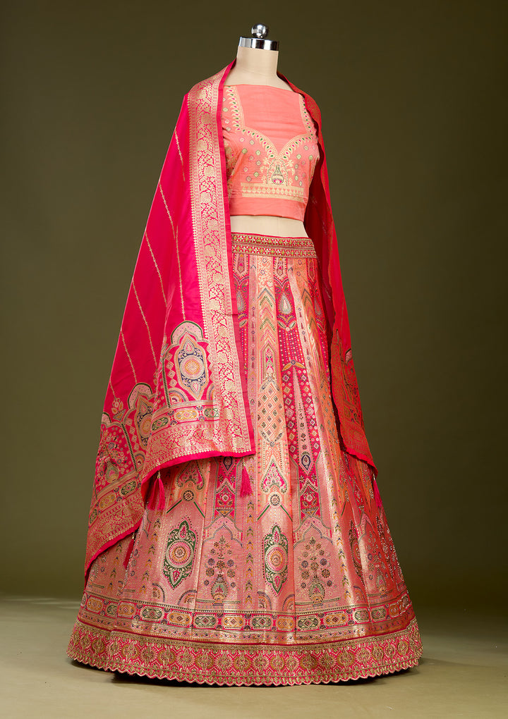 Peach Stonework Banarasi Readymade Lehenga
