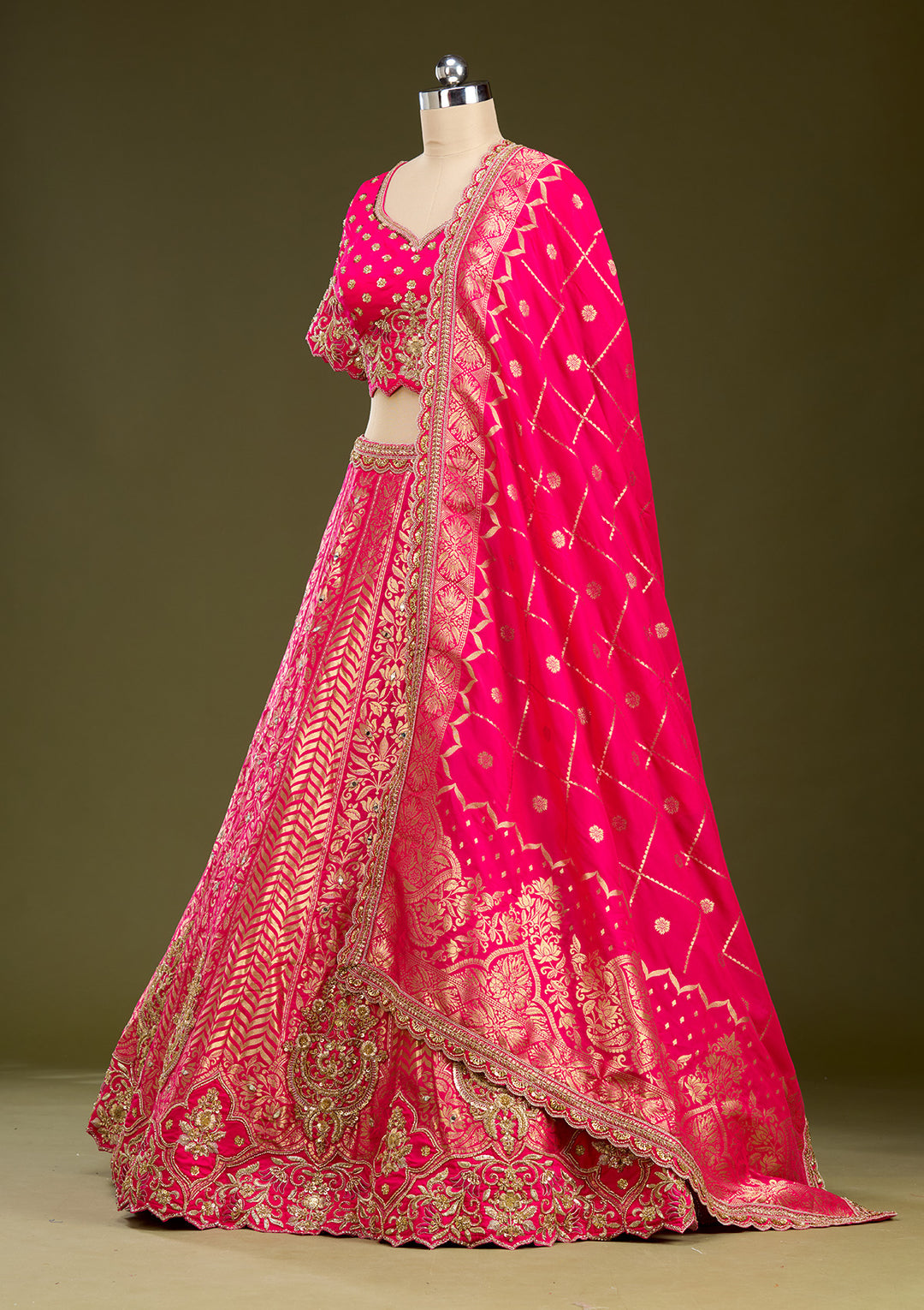 Rani Pink Zariwork (Gold) Banarasi Readymade Lehenga