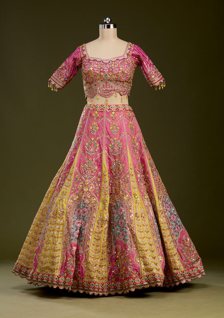 Pink Threadwork Banarasi Readymade Lehenga