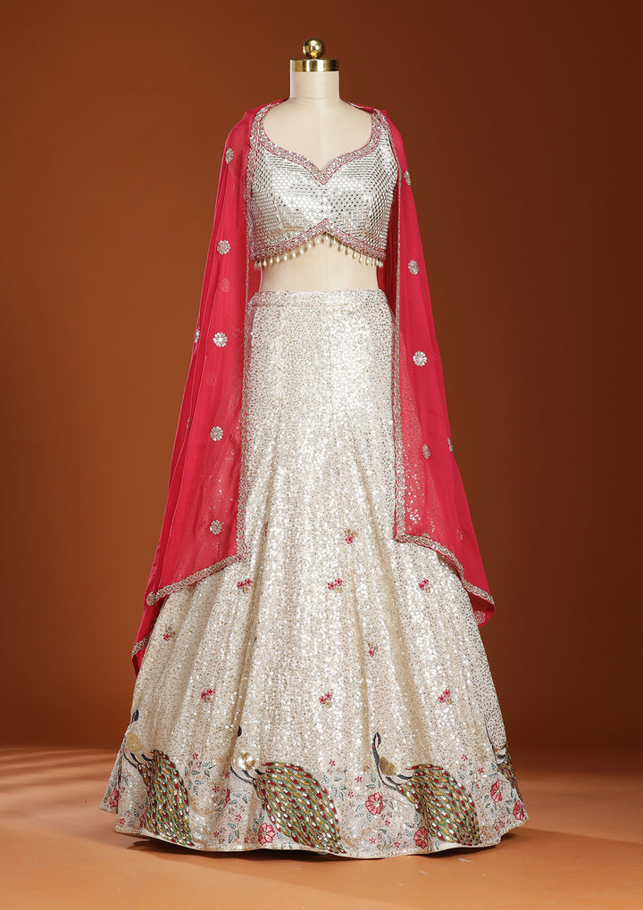 Cream Sequins Georgette Readymade Lehenga