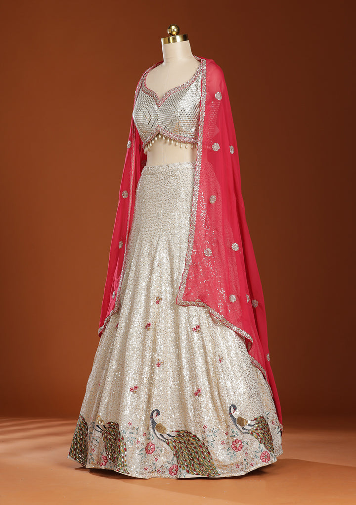 Cream Sequins Georgette Readymade Lehenga