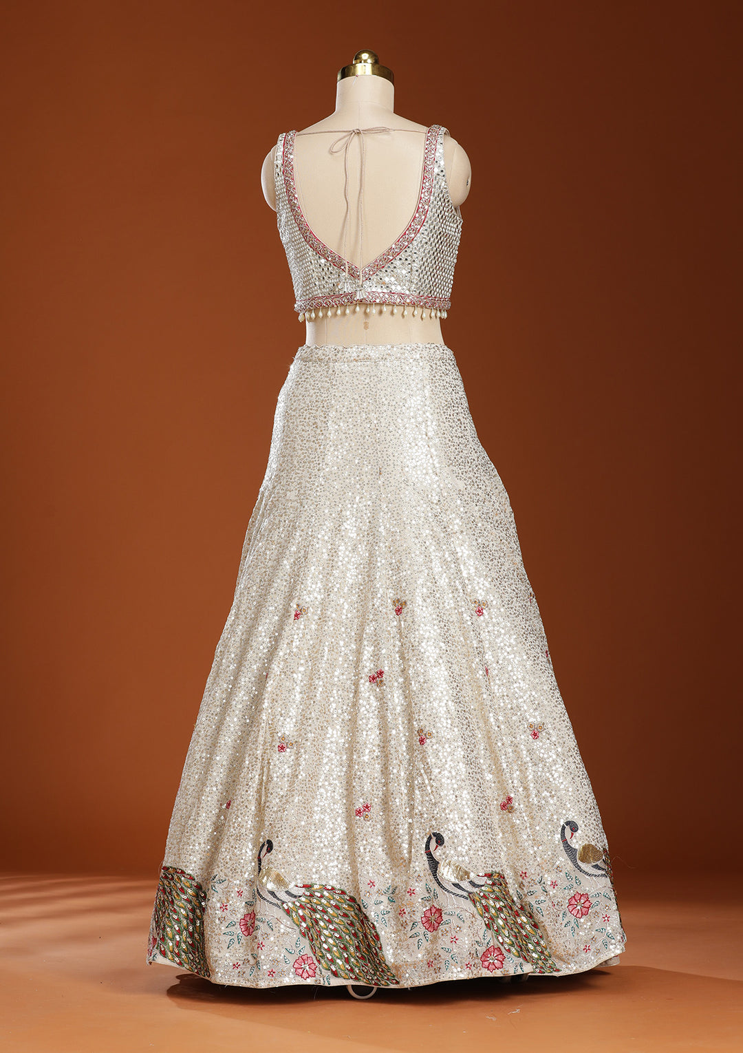 Cream Sequins Georgette Readymade Lehenga