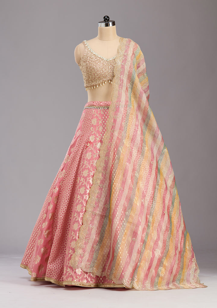 Pink Mirrorwork Banarasi Readymade Lehenga