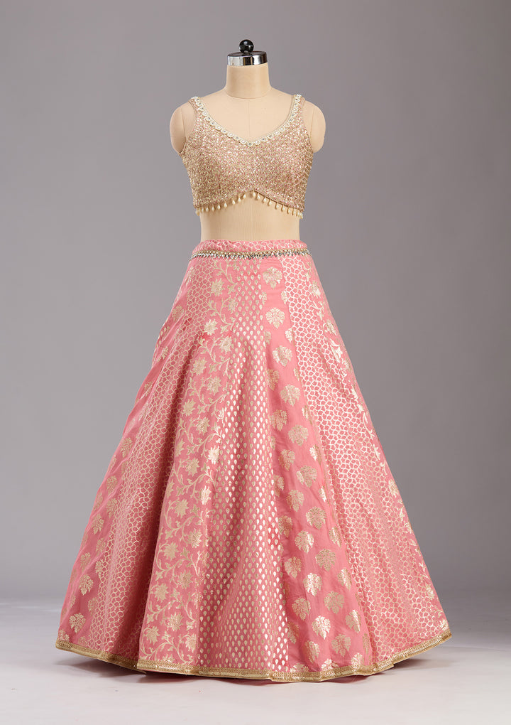 Pink Mirrorwork Banarasi Readymade Lehenga