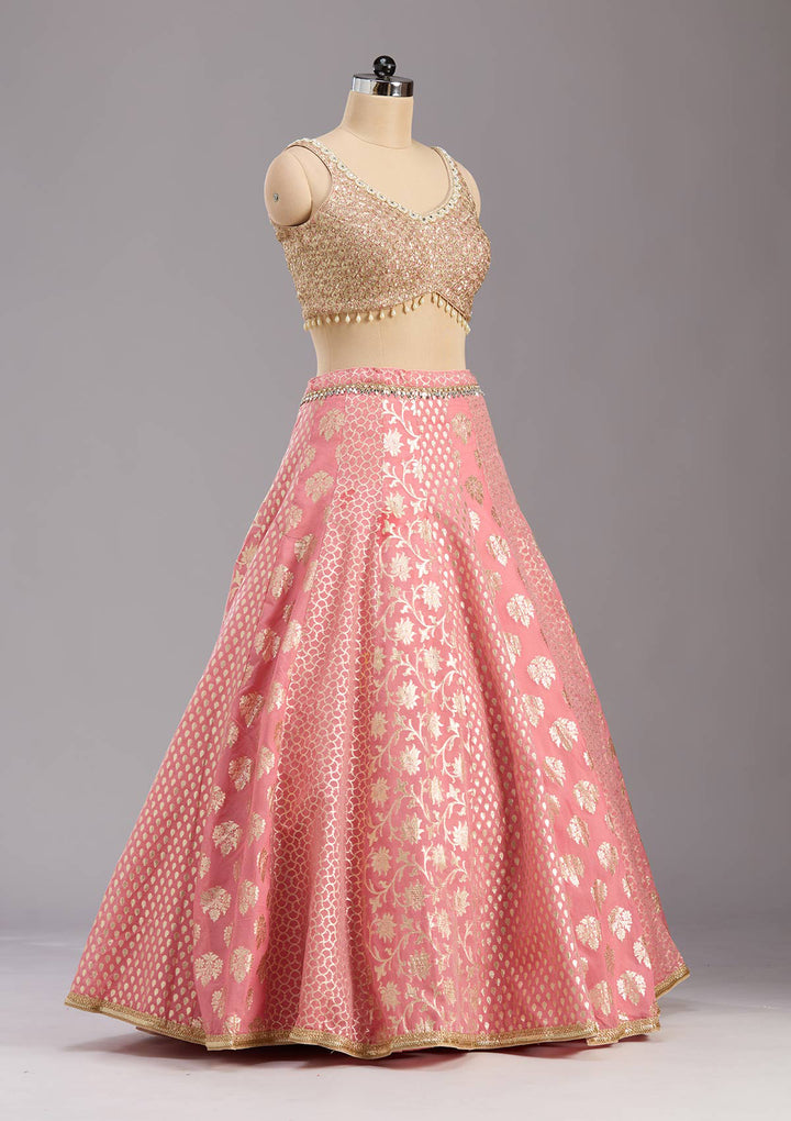 Pink Mirrorwork Banarasi Readymade Lehenga