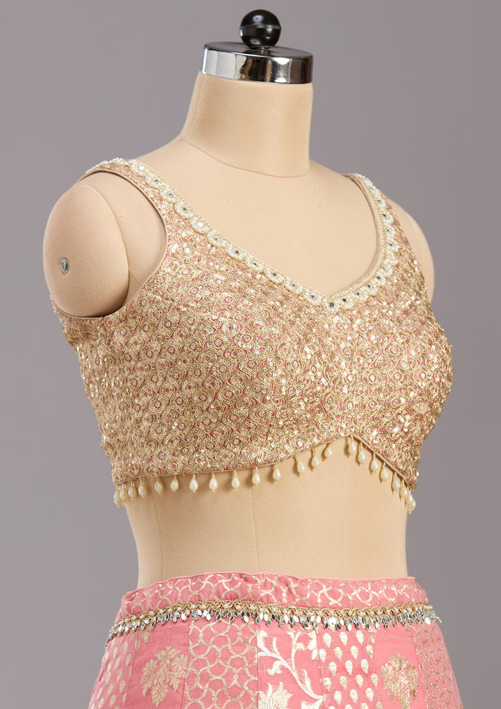 Pink Mirrorwork Banarasi Readymade Lehenga
