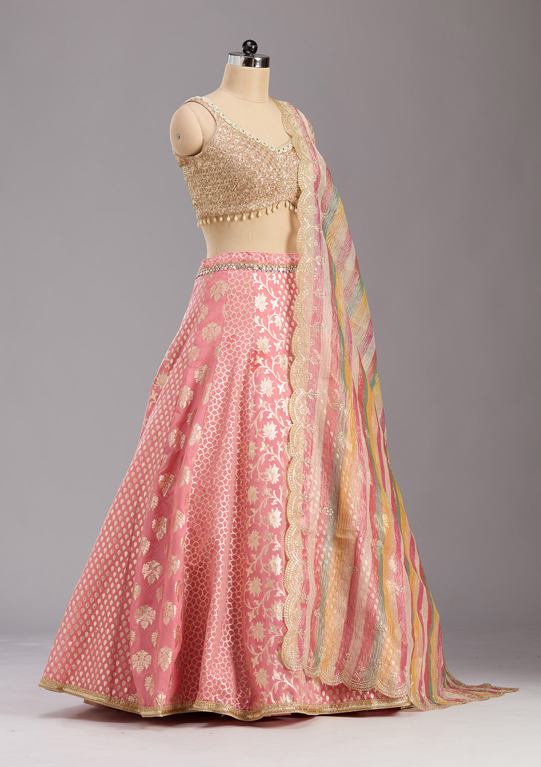 Pink Mirrorwork Banarasi Readymade Lehenga
