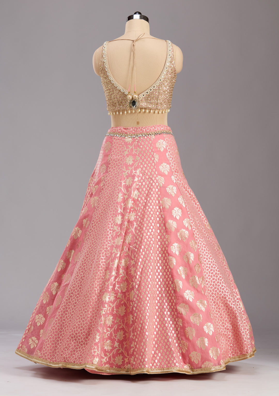 Pink Mirrorwork Banarasi Readymade Lehenga