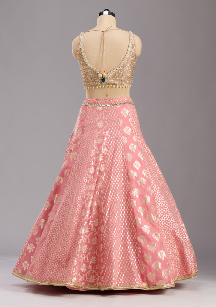 Pink Mirrorwork Banarasi Readymade Lehenga