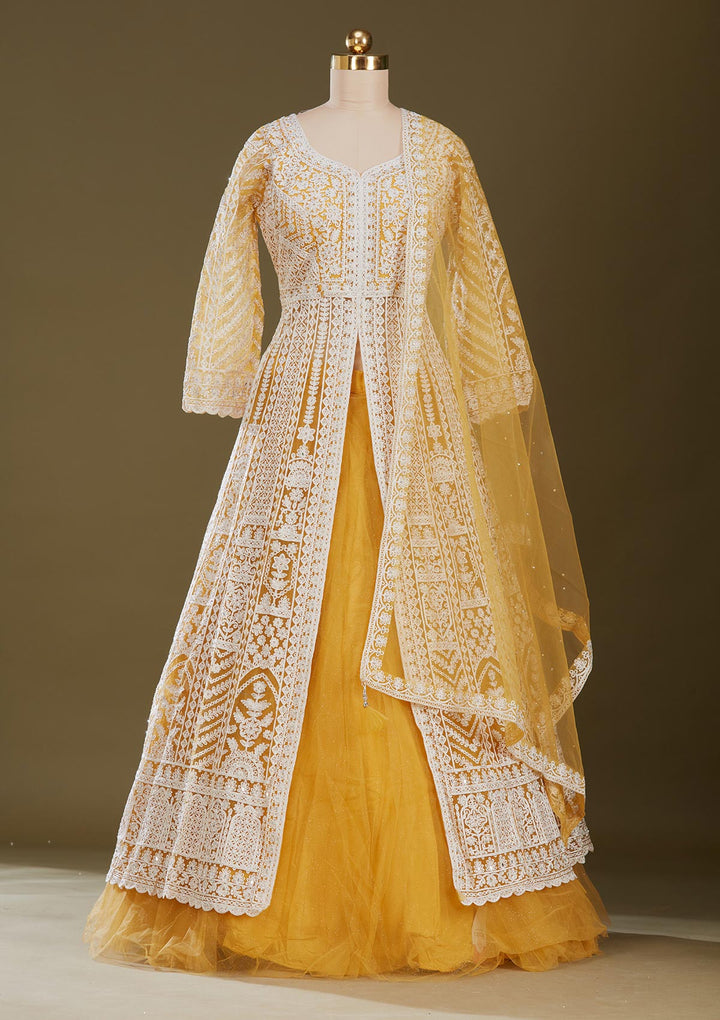 Mustard Yellow Threadwork Net Readymade Lehenga