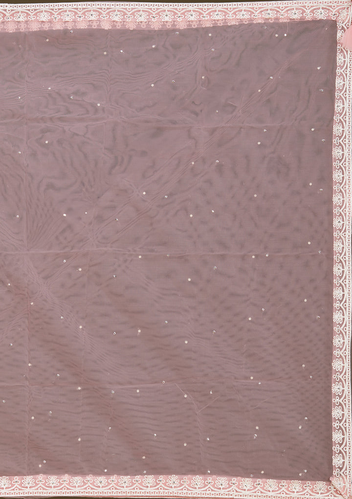 Pink Threadwork Net Readymade Lehenga