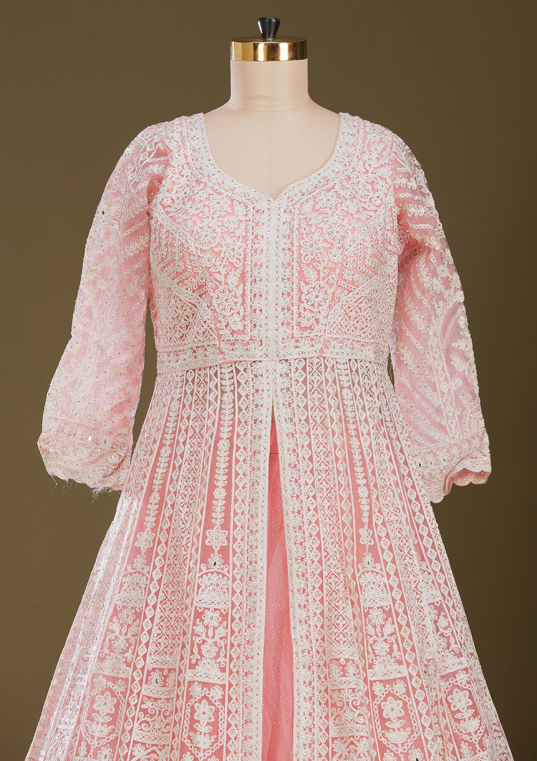 Pink Threadwork Net Readymade Lehenga