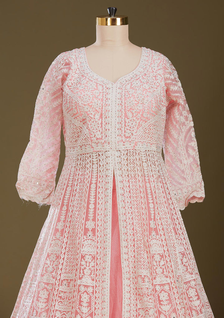 Pink Threadwork Net Readymade Lehenga